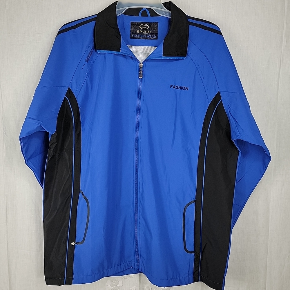 Mens Sports Wear  Blue & Black Full Zip Pockets Jacket Long Sleeve  Size L